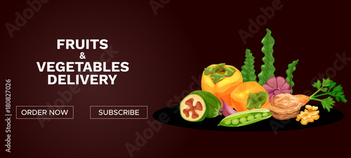 Organic and healthy food delivery banner with colorful icons of fruits, vegetables, eco nutrition concept, diet menu vector illustration