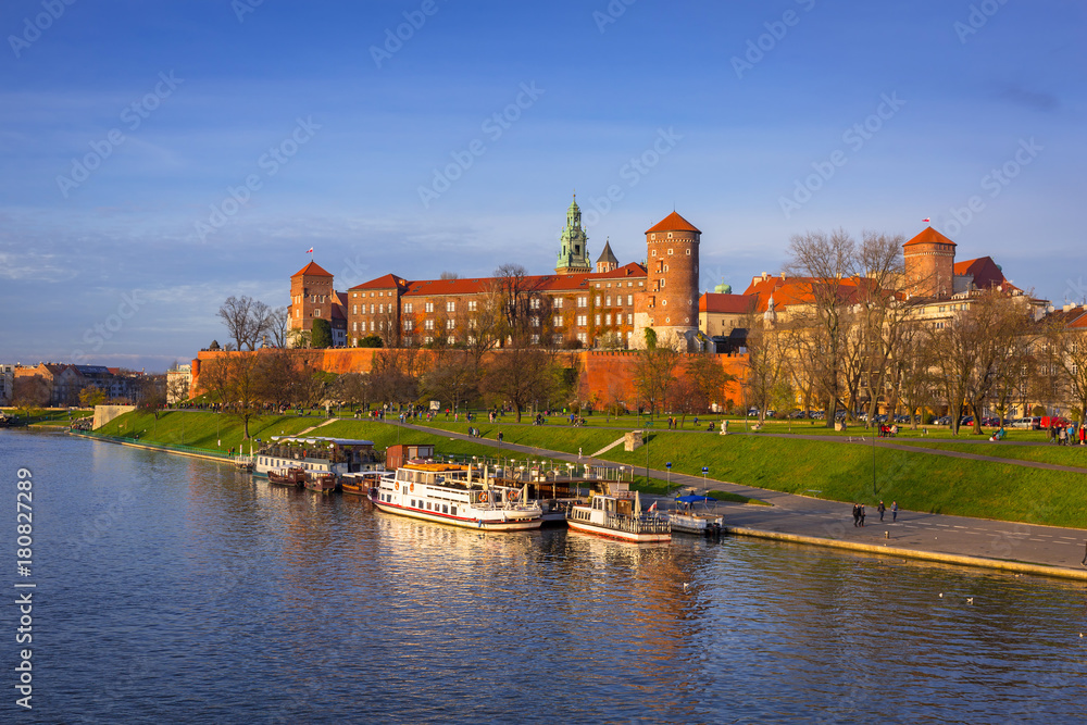 Fototapeta premium The Royal Wawel Castle in Krakow at Vistula river, Poland