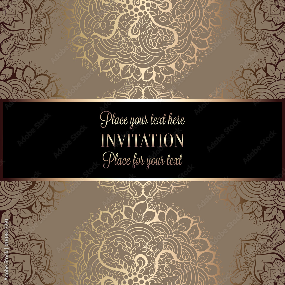 Wedding invitation or card , intricate mandala background. Metal gold and black, Islam, Arabic, Indian, Dubai background, fashion design with place for text