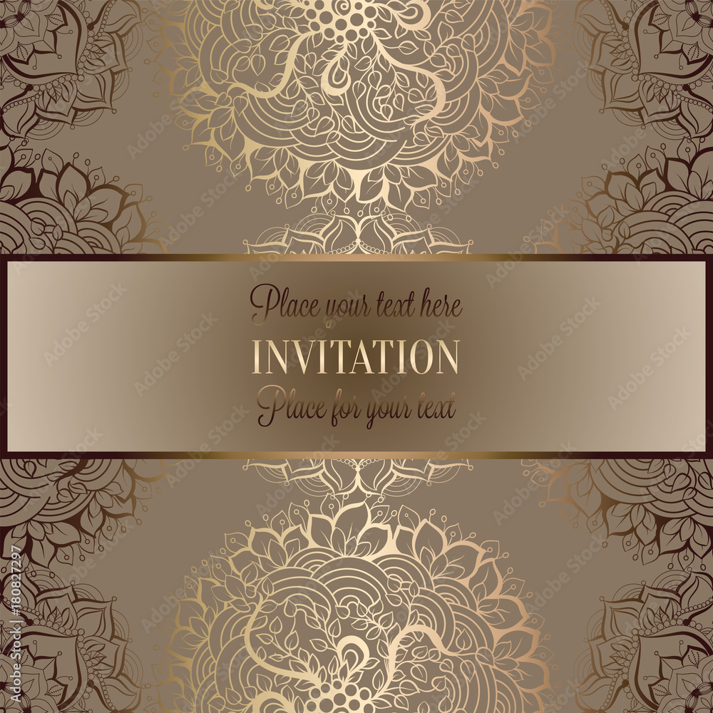 Wedding invitation or card , intricate mandala background. Metal gold and beige, Islam, Arabic, Indian, Dubai background, fashion design with place for text