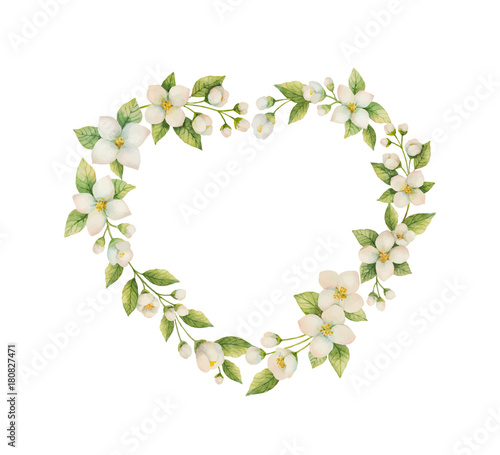 Watercolor vector frame in the shape of a heart of Jasmine flowers isolated on a white background.