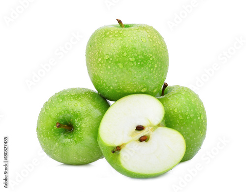 stack and half of green apple or granny smith apple with drop of water isloated on white background