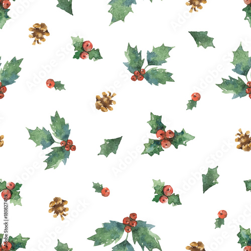 Watercolor vector Christmas seamless pattern with fir branches.