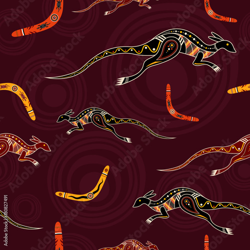 Seamless pattern of kangaroos and boomerangs.