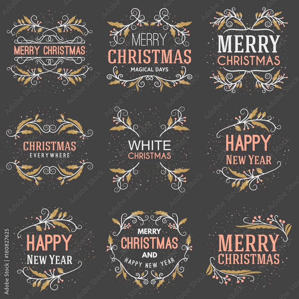 Set of Merry Christmas and Happy New Year Decorative Badges for Greetings Cards or Invitations. Vector Illustration. Typographic Design Elements. Golden, White and Pink Color Theme on Dark Background