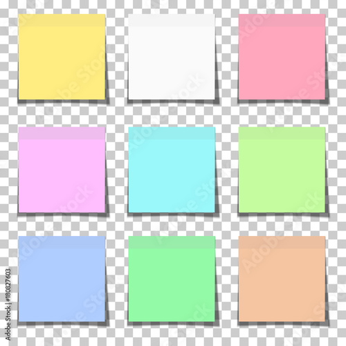 Set of color paper sticky notes glued to the surface isolated on transparent background