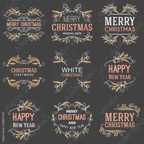 Set of Merry Christmas and Happy New Year Decorative Badges for Greetings Cards or Invitations. Vector Illustration. Typographic Design Elements. Golden, White and Pink Color Theme on Dark Background