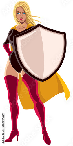 Superheroine Holding Shield / Illustration of superheroine holding big shield on white background. 