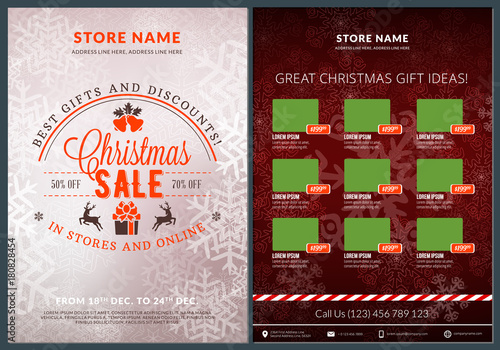 Christmas sale catalog design. Business flyer template. Vintage badge with red background