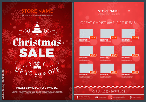 Christmas sale catalog design. Business flyer template. Vintage badge with red background