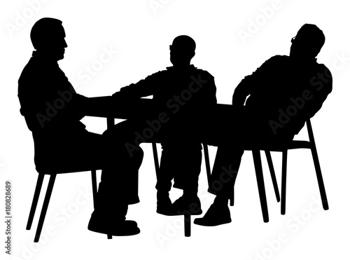 Potential worker in a job interview vector silhouette. Business people sitting and talking about new idea. IT partners meeting. Break relaxation after work in restaurant. Desk and chairs.