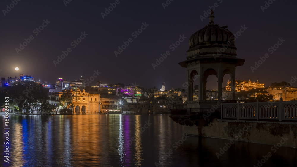 Full moon over the center of Udaipur, Rajasthan, India