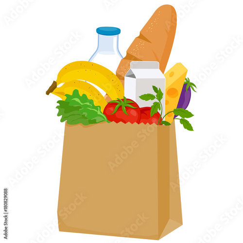 Paper shopping bag with groceries. Vector illustration photo