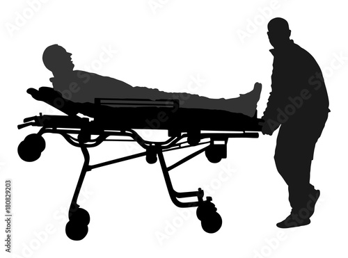 First aid training, help after crash accident transport injured person. Paramedics evacuate injured person. Checking and helping people after body collapse. Health care protection. Lifeguard action.