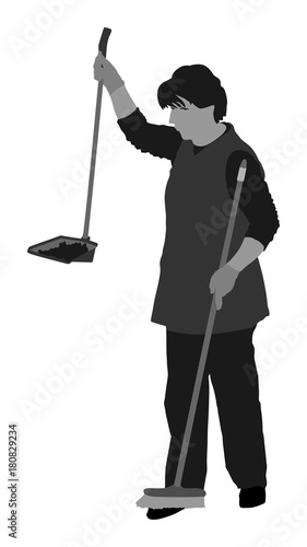 Housemaid cleaner vector silhouette illustration Isolated over white background. Floor care and cleaning services with washing mop in sterile factory or clean hospital. Cleaning lady.