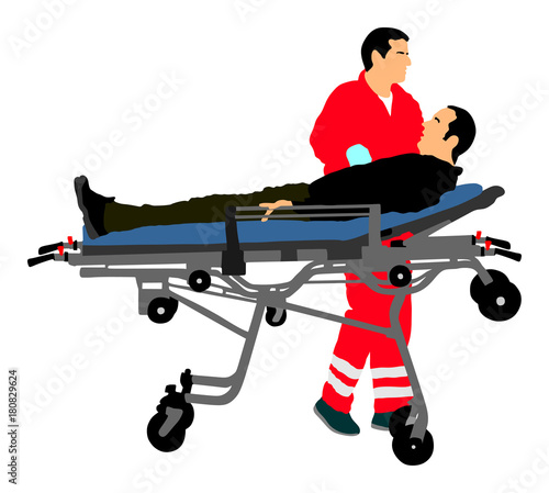 First aid training, help after crash accident transport injured person. Paramedics evacuate injured person. Checking and helping people after body collapse. Health care protection. Lifeguard action.