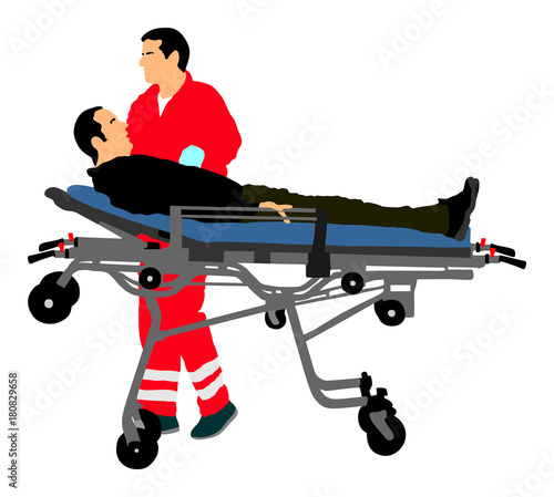 First aid crew help injured person after crash accident transport . Paramedics evacuate man by hospital stretcher trolley. Helping people after body collapse. Health care protection. Lifeguard action.