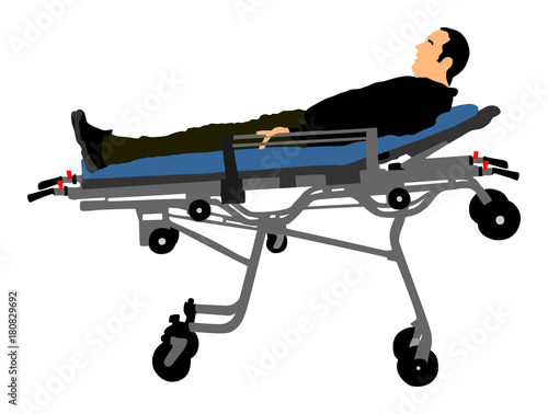 First aid crew help injured person after crash accident transport . Paramedics evacuate man by hospital stretcher trolley. Helping people after body collapse. Health care protection. Lifeguard action.