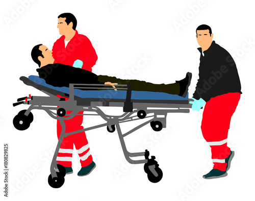 First aid training, help after crash accident transport injured person. Paramedics evacuate injured person. Checking and helping people after body collapse. Health care protection. Lifeguard action.