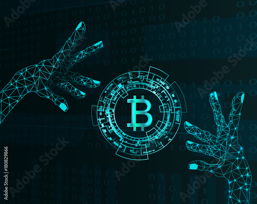 Electronic hands and bitcoin symbol.