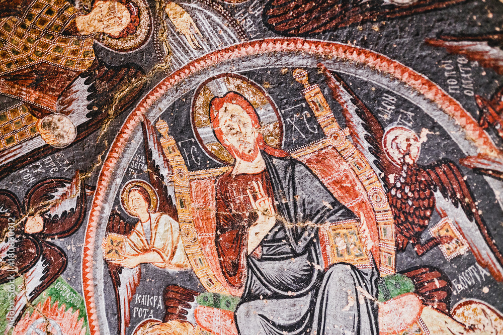 Ancient Frescos in ruined Cross or Crusader Church in Cappadocia