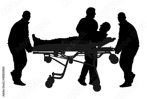 First aid training, help after crash accident transport injured person. Paramedics evacuate injured person. Checking and helping people after body collapse. Health care protection. Lifeguard action.