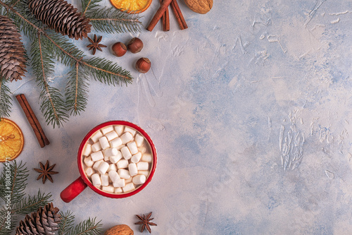 Christmas background with hot cocoa and marshmallow.
