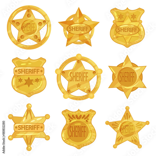 Collection of different sheriff s golden badges in modern flat design. Police emblems in star and circle shapes. photo