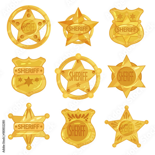 Collection of different sheriff s golden badges in modern flat design. Police emblems in star and circle shapes.