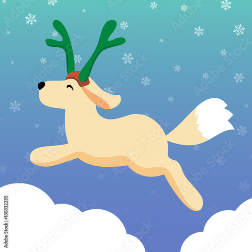 Cute golden retriever puppy dog wearing reindeer hat jumping on the snowy clouds in flat style. Christmas winter celebration concept. Vector illustration