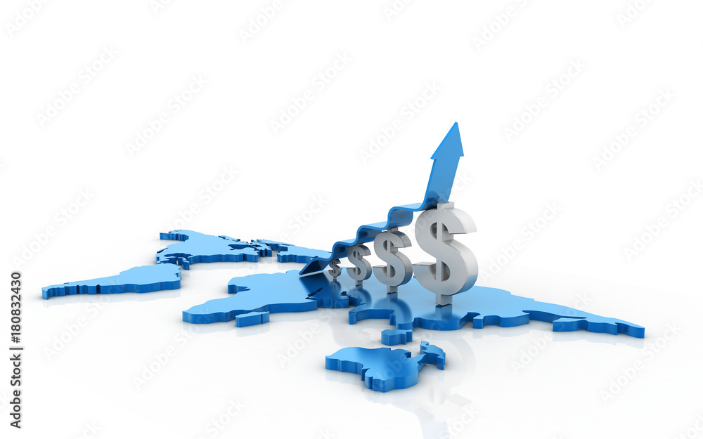 3D rendered arrow diagram moving up over dollar graph bar on white background 3D rendered arrow diagram moving up over dollar graph bar on white background