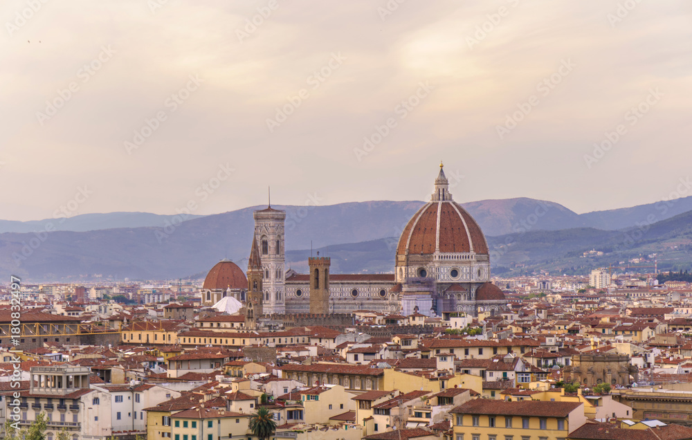 Panorama of Florence with Santa Maria del Fiore cathedral at sunset time.