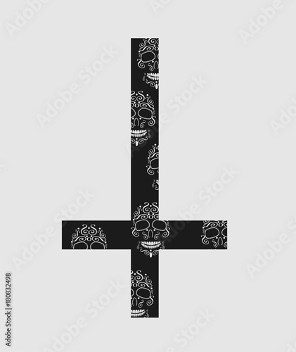 Upside down cross (inverted cross) with skulls 