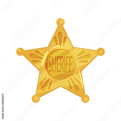 Sheriff s icon shape of five-pointed star in cartoon flat design. Policeman emblem.