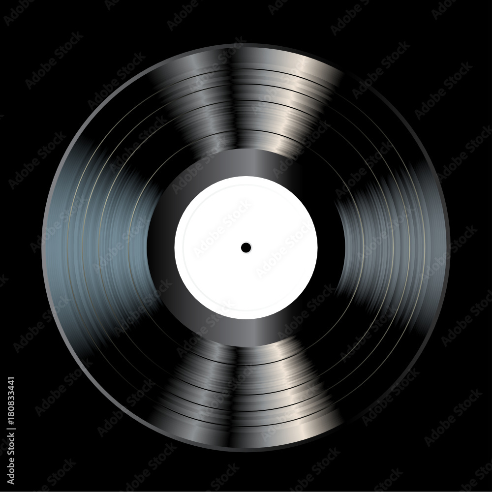 vector blank black LP vinyl record with white label on black background,  realistic illustration Stock Vector