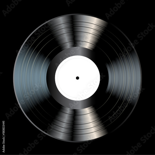 vector blank black LP vinyl record with white label on black background, realistic illustration
