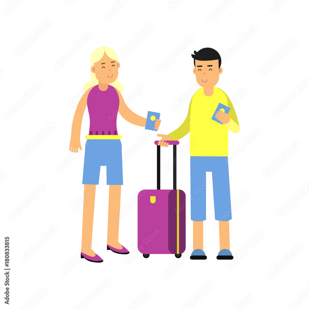 Flat cartoon man and woman tourists characters standing with suitcase and passports. People going on summer vacation Flat cartoon man and woman tourists characters standing with suitcase and passports. People going on summer vacation