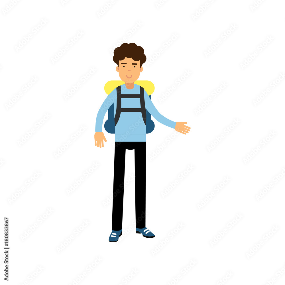 Flat vector illustration of smiling curly-haired boy teenager standing with backpack, travel and tourism concept