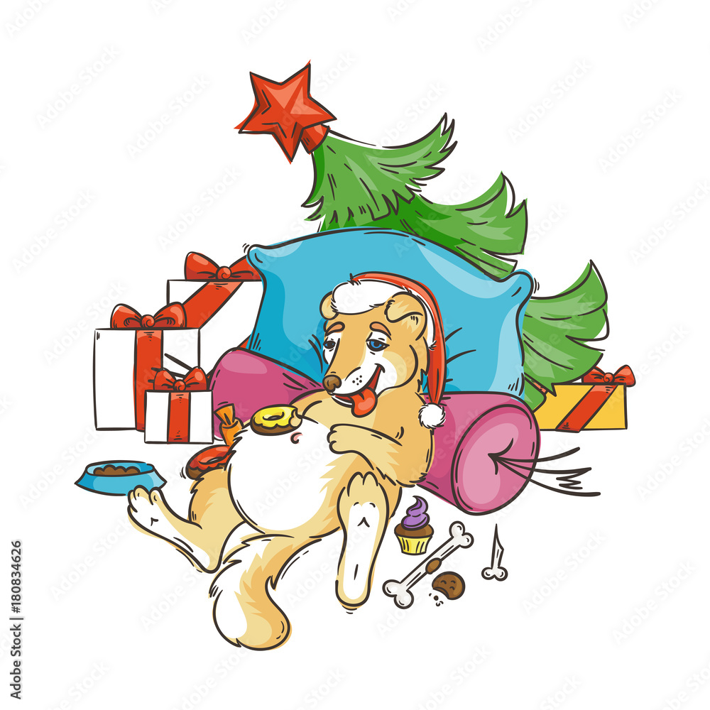 Obraz premium Yellow dog for New Year 2018, cute symbol of horoscope. Cute puppy in cartoon doodle style.
