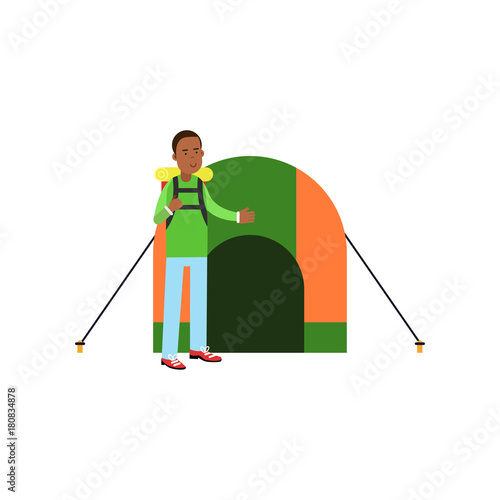 Flat vector illustration of cheerful black man with hiking backpack on his shoulders standing near big camping tent. Outdoor recreation, adventures in nature