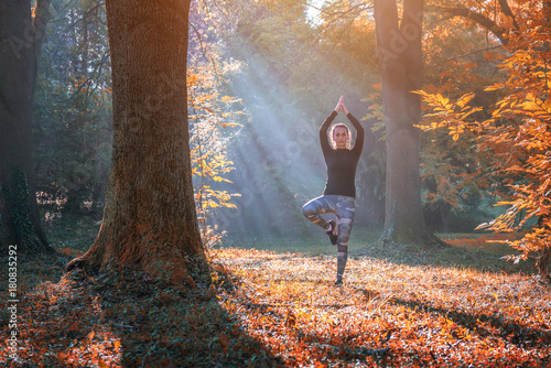 A young woman make yoga position at sunrise. in the autumn forest.