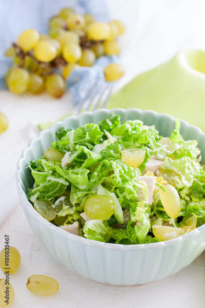 Salad with chicken and grapes, selective focus Salad with chicken and grapes, selective focus