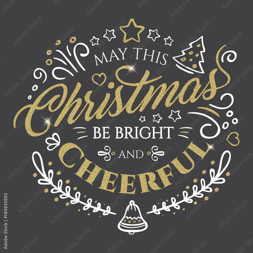 Calligraphic lettering for Merry Christmas and Happy New Year with golden glitter effect on dark background. Vector illustration decorated with design elements. Perfect to use for greeting Cards