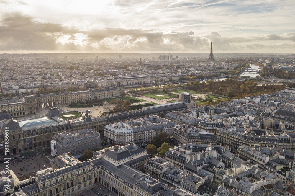 Cityscape of Paris, France. Aerial view. Louvre museum and Eiffel tower