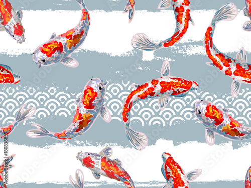 Seamless Japanese pattern with carp fish. Vector background perfect for wallpaper, pattern fill, web page, surface texture, textile