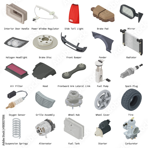 Car parts icons set, isometric style