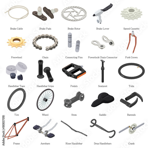 Bike parts icons set, isometric style
