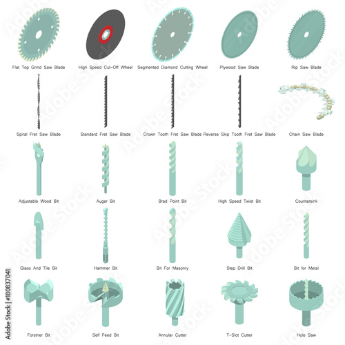 Drill nozzle icons set, isometric style