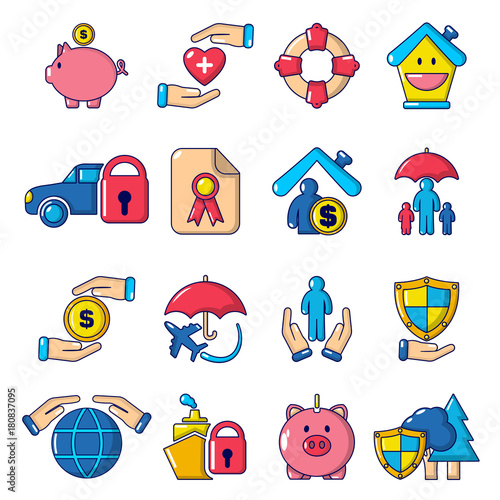 Insurance icons set, cartoon style