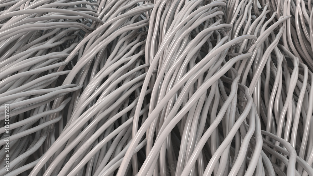 Twisted white cables and wires on black surface Twisted white cables and wires on black surface